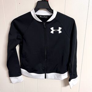 Under Armour UA Girl Black Zip Track Suit White Trim Sz Medium